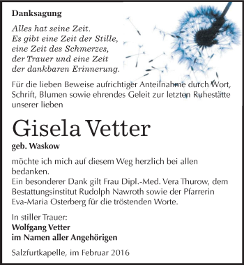 Traueranzeige von Gisela Vetter von Mitteldeutsche Zeitung Dessau-Roßlau