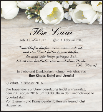 Traueranzeige von Ilse Laue von Mitteldeutsche Zeitung Merseburg/Querfurt
