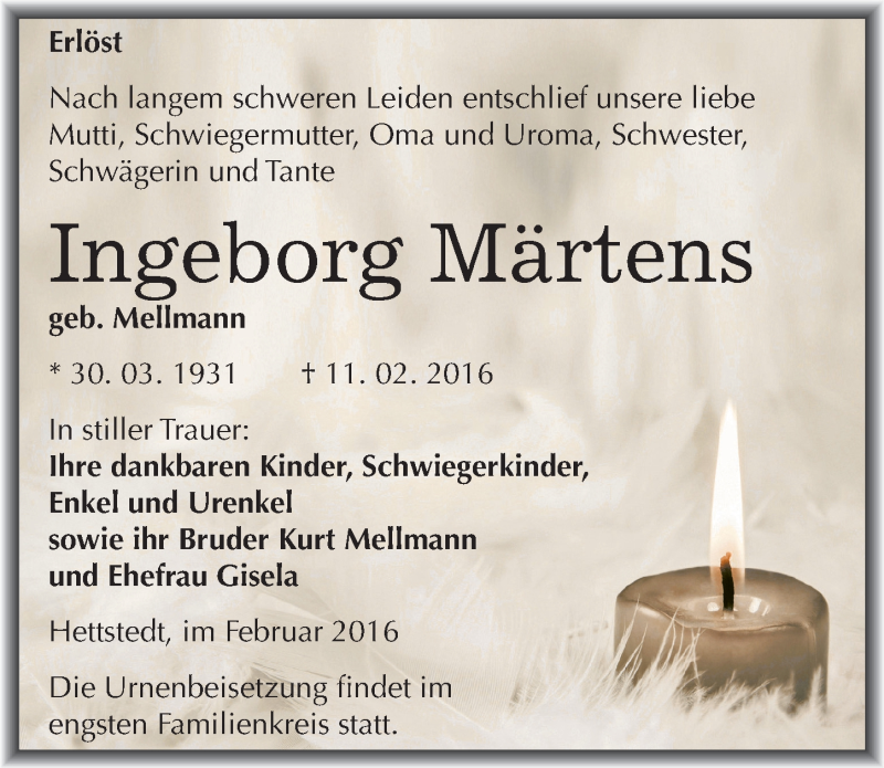  Traueranzeige für Ingeborg Märtens vom 18.02.2016 aus Mitteldeutsche Zeitung Mansfelder Land
