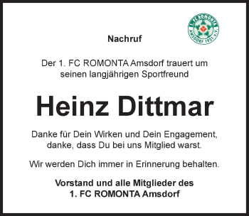 Traueranzeige von Heinz Dittmar von Mitteldeutsche Zeitung Mansfelder Land