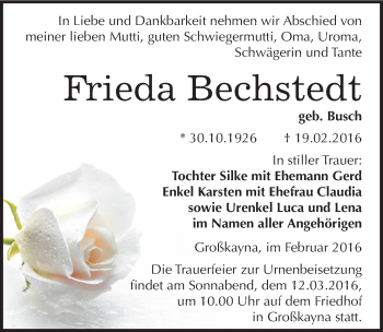 Traueranzeige von Frieda Bechstedt von Mitteldeutsche Zeitung Merseburg/Querfurt