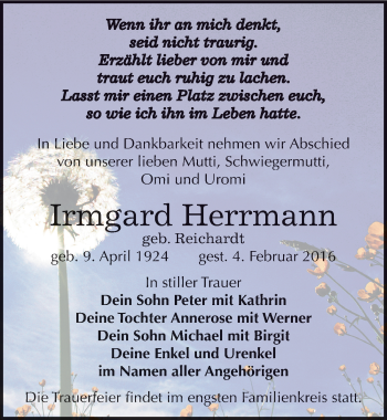 Traueranzeige von Irmgard Herrmann von Mitteldeutsche Zeitung Zeitz