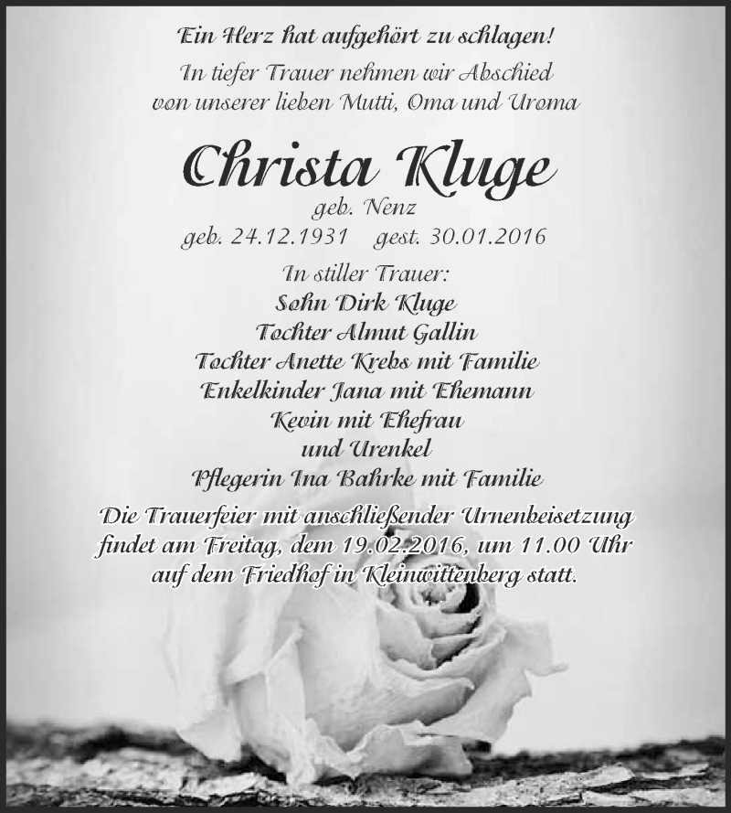  Traueranzeige für Chrietot Kluge vom 06.02.2016 aus WVG - Wochenspiegel Wittenberg
