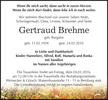 Traueranzeige von Gertraud Brehme von Mitteldeutsche Zeitung Bernburg