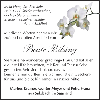 Traueranzeige von Beate Bilsing von Super Sonntag Aschersleben