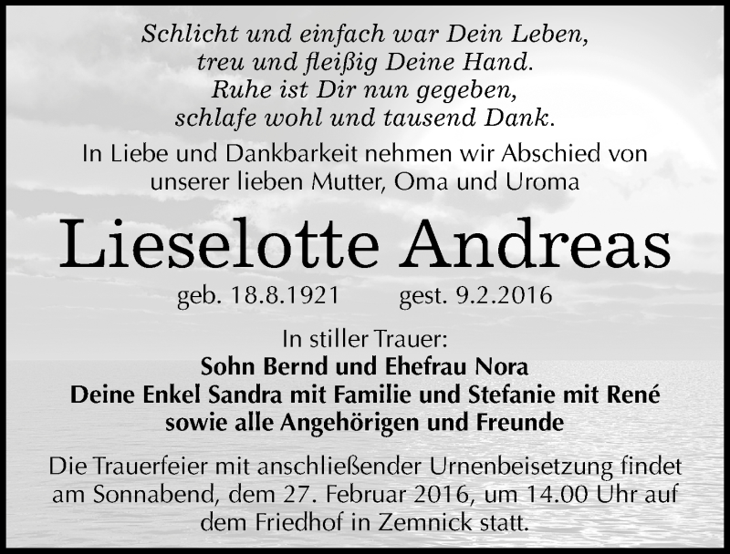  Traueranzeige für Lieselotte Andreas vom 13.02.2016 aus Mitteldeutsche Zeitung Wittenberg