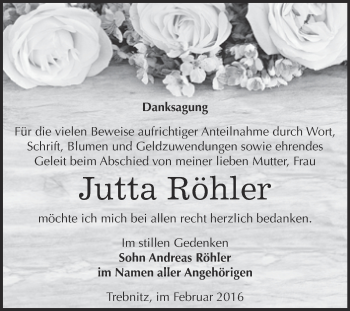 Traueranzeige von Jutta Röhler von WVG - Wochenspiegel NMB / WSF / ZTZ