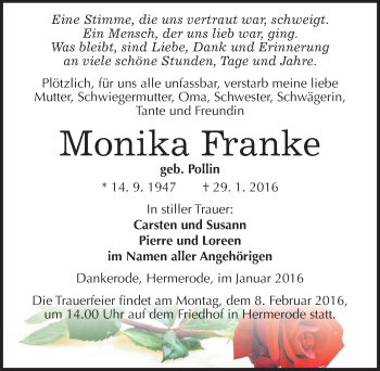 Traueranzeige von Monika Franke von Mitteldeutsche Zeitung Mansfelder Land