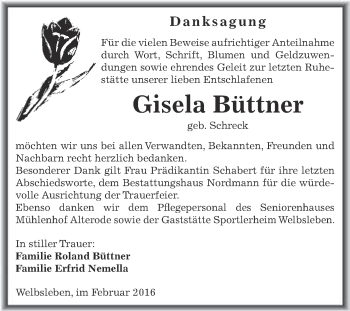 Traueranzeige von Gisela Büttner von Super Sonntag SGH Mansf. Land