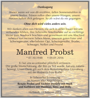 Traueranzeige von Manfred Probst von Mitteldeutsche Zeitung Mansfelder Land