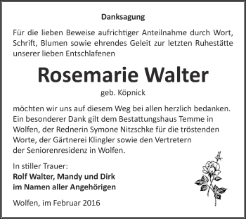 Traueranzeige von Rosemarie Walter von WVG - Wochenspiegel Bitterfeld