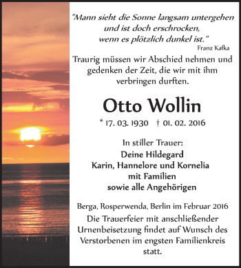 Traueranzeige von Otto Wollin von WVG - Wochenspiegel SGH