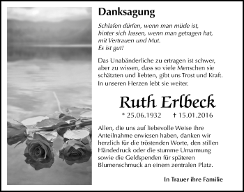Traueranzeige von Ruth Erlbeck von Mitteldeutsche Zeitung Aschersleben