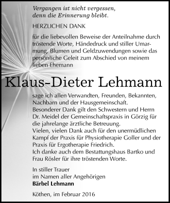 Traueranzeige von Klaus-Dieter Lehmann von Mitteldeutsche Zeitung Köthen