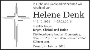 Traueranzeige von Helene Denk von WVG - Wochenspiegel Dessau / Köthen