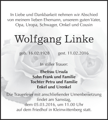Traueranzeige von Wolfgang Linke von WVG - Wochenspiegel Wittenberg