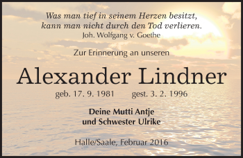 Traueranzeige von Alexander Lindner von Mitteldeutsche Zeitung Halle/Saalkreis
