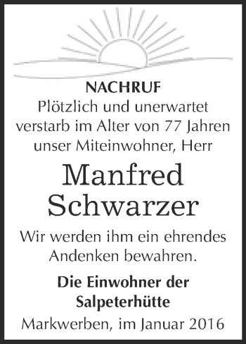 Traueranzeige von Manfred Schwarzer von WVG - Wochenspiegel NMB / WSF / ZTZ