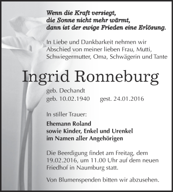 Traueranzeige von Ingrid Ronneburg von WVG - Wochenspiegel NMB / WSF / ZTZ