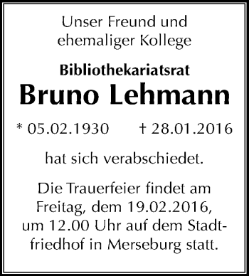 Traueranzeige von Bruno Lehmann von Mitteldeutsche Zeitung Merseburg/Querfurt