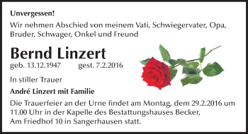 Traueranzeige von Bernd Linzert von Mitteldeutsche Zeitung Sangerhausen