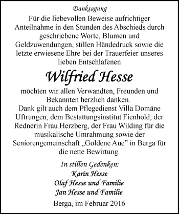 Traueranzeige von Wilfried Hesse von Mitteldeutsche Zeitung Sangerhausen