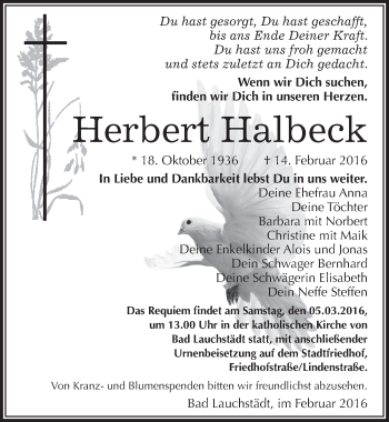 Traueranzeige von Herbert Halbeck von Mitteldeutsche Zeitung Merseburg/Querfurt