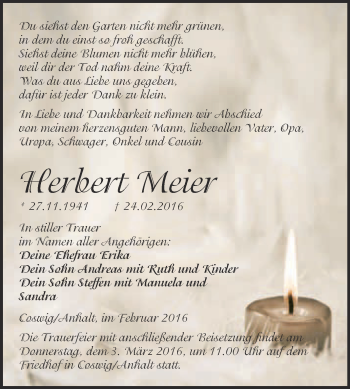 Traueranzeige von Herbert Meier von Super Sonntag Wittenberg
