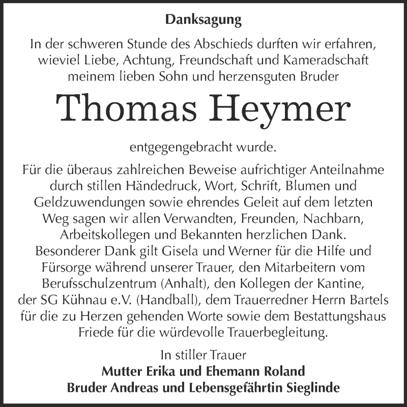  Traueranzeige für Thomas Heymer vom 20.02.2016 aus WVG - Wochenspiegel Dessau / Köthen