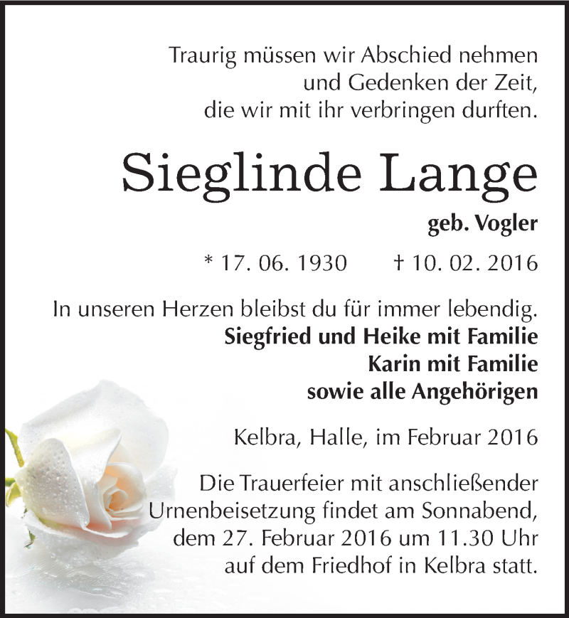  Traueranzeige für Sieglinde Lange vom 20.02.2016 aus Mitteldeutsche Zeitung Sangerhausen