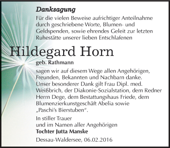 Traueranzeige von Hildegard Horn von Mitteldeutsche Zeitung Dessau-Roßlau