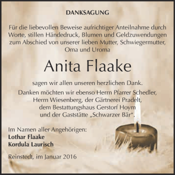 Traueranzeige von Anita Flaake von Super Sonntag Aschersleben