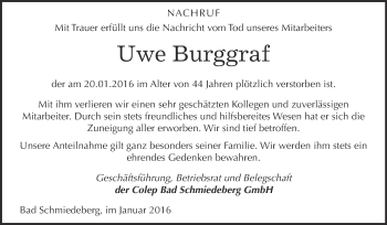 Traueranzeige von Uwe Burggraf von Super Sonntag Wittenberg