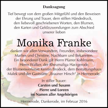 Traueranzeige von Monika Franke von Super Sonntag SGH Mansf. Land