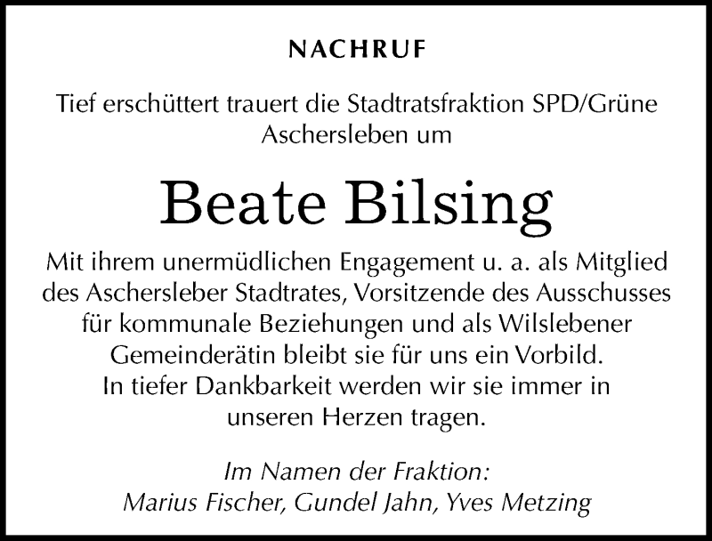 Traueranzeige für Beate Bilsing vom 27.02.2016 aus Mitteldeutsche Zeitung Aschersleben