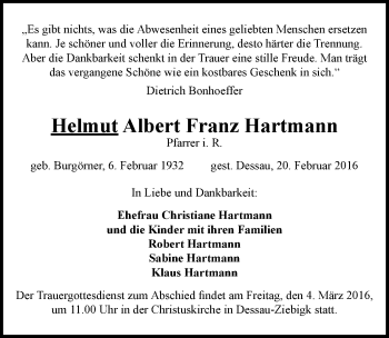 Traueranzeige von Helmut Albert Franz Hartmann von Mitteldeutsche Zeitung Dessau-Roßlau