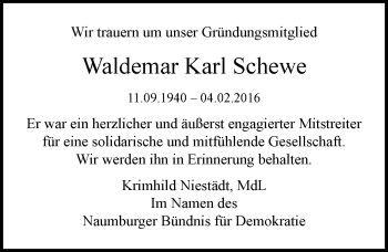 Traueranzeige von Waldemar Karl Schewe von Mitteldeutsche Zeitung Naumburg/Nebra