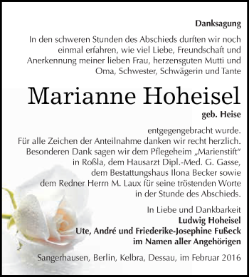 Traueranzeige von Marianne Hoheisel von Super Sonntag SGH Mansf. Land