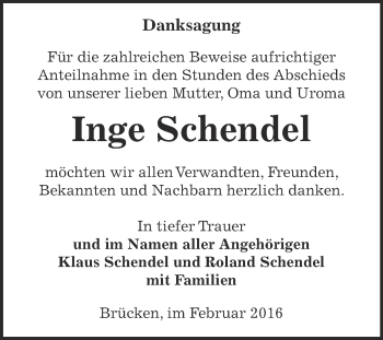 Traueranzeige von Inge Schendel von Super Sonntag SGH Mansf. Land