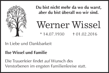 Traueranzeige von Werner Wissel von WVG - Wochenspiegel Dessau / Köthen