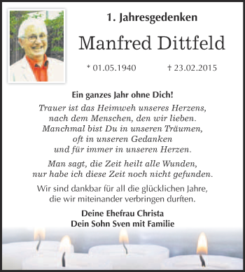 Traueranzeige von Manfred Dittfeld von Super Sonntag Wittenberg