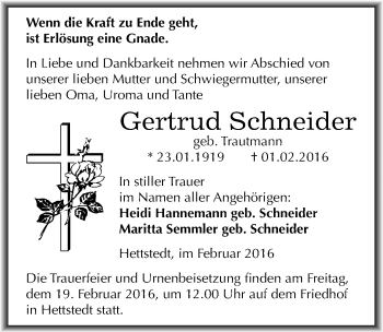 Traueranzeige von Gertrud Schneider von Mitteldeutsche Zeitung Mansfelder Land