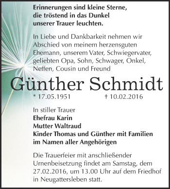 Traueranzeige von Günther Schmidt von Super Sonntag Bernburg