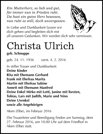 Traueranzeige von Christa Ulrich von Mitteldeutsche Zeitung Köthen