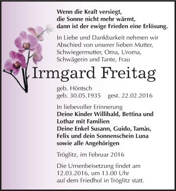 Traueranzeige von Irmgard Freitag von Mitteldeutsche Zeitung Zeitz