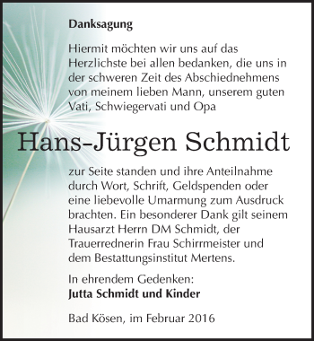 Traueranzeige von Hans-Jürgen Schmidt von Mitteldeutsche Zeitung Naumburg/Nebra