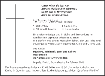 Traueranzeige von Wanda Riedl von WVG - Wochenspiegel NMB / WSF / ZTZ