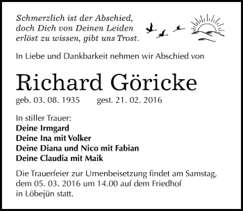 Traueranzeige von Richard Göricke von Mitteldeutsche Zeitung Halle/Saalkreis