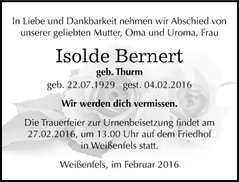 Traueranzeige von Isolde Bernert von Mitteldeutsche Zeitung Weißenfels