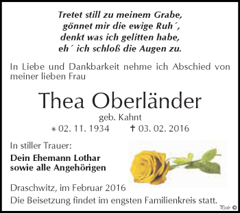 Traueranzeige von Thea Oberländer von Super Sonntag Zeitz